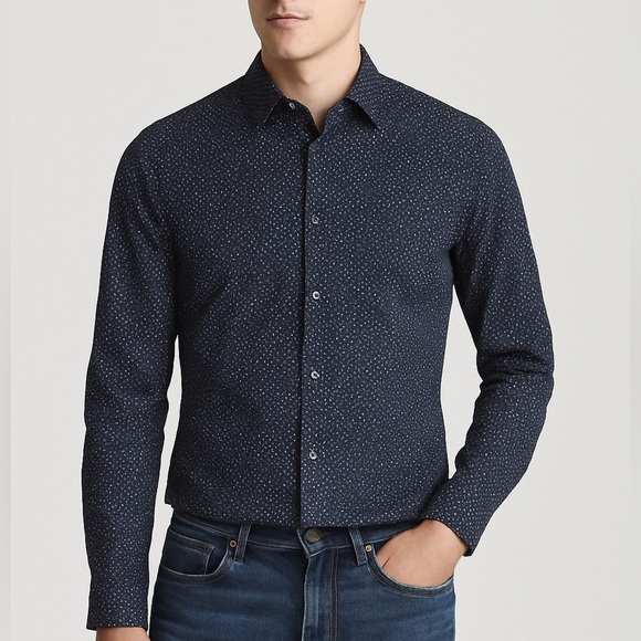 Reiss Bruin Slim Fit Cotton Navy Blue Patterned Button Down Dress Shirt Size M - Picture 1 of 10